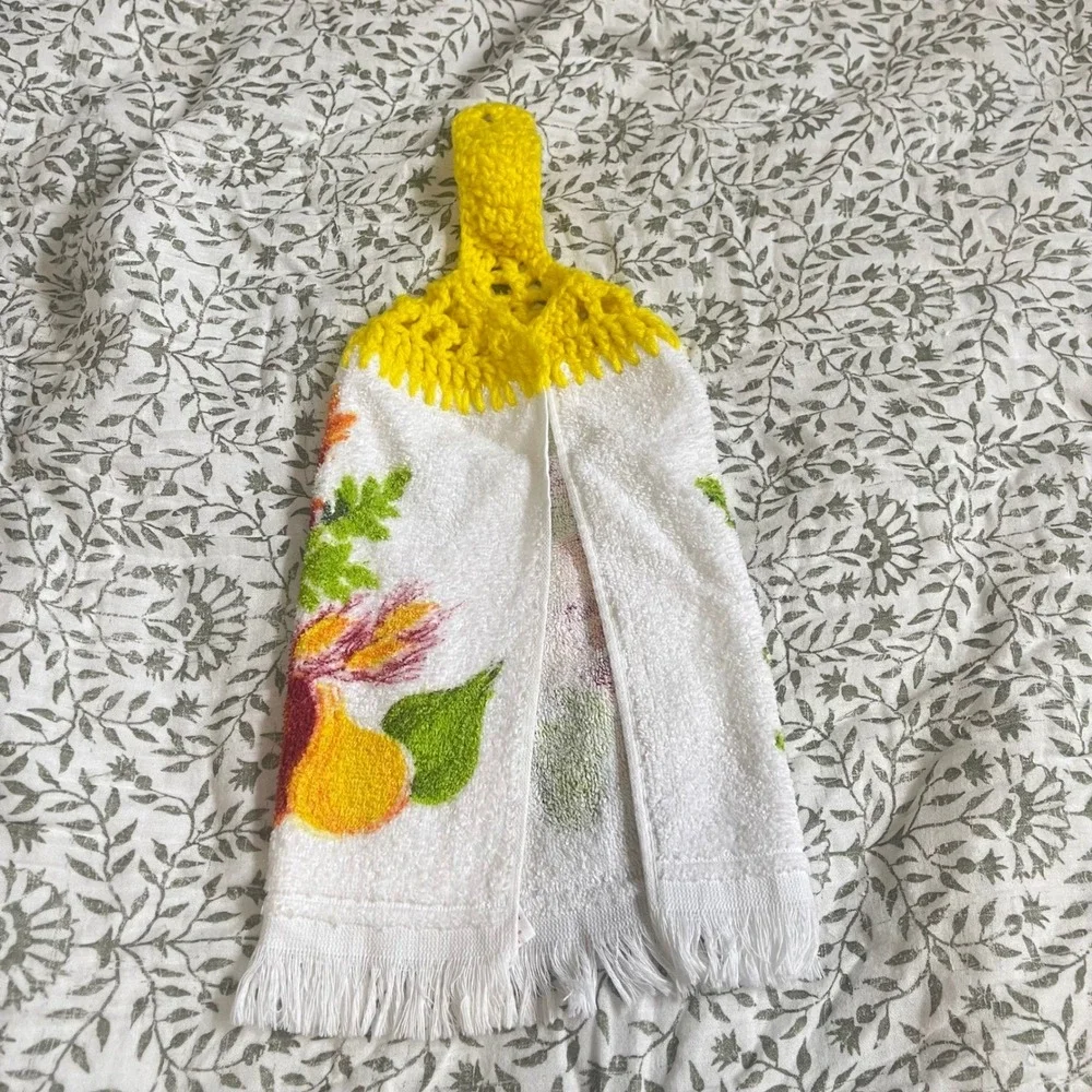 VTG CANNON Hand Kitchen Towel Fringe 70s‎ NOS fruit bird cottage granny